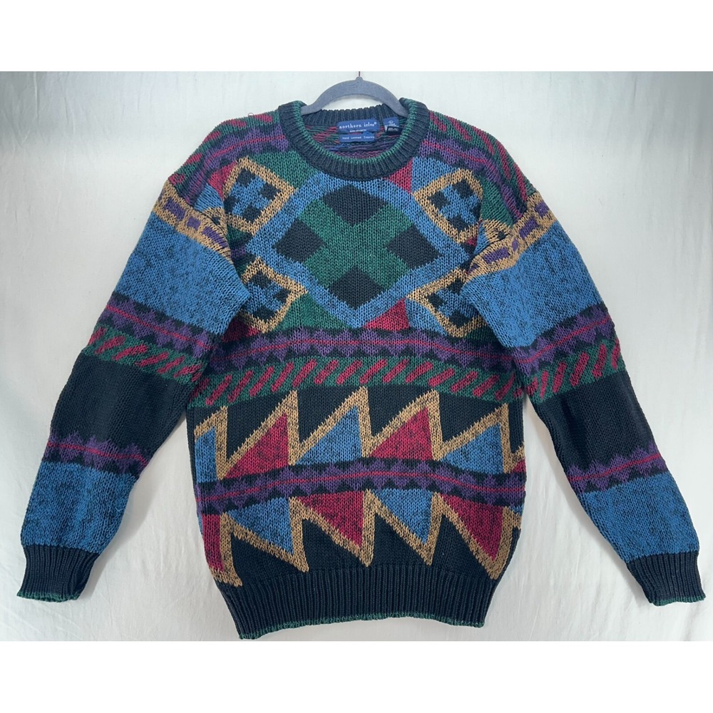 Vintage Northern Isles Hand Loomed Intarsia Geometric Knit Sweater Mens Large